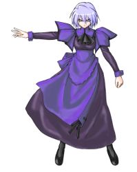 Rule 34 | &gt;:|, 1girl, :|, apron, ascot, black legwear, closed mouth, dress, kotonomiya yuki, light purple hair, looking at viewer, outstretched arm, purple dress, short hair, simple background, solo, standing, suigetsu, underbust, v-shaped eyebrows, white background