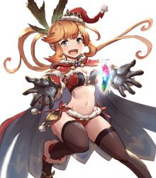 Rule 34 | 10s, 1girl, :d, aqua eyes, bad id, bad pixiv id, black gloves, black thighhighs, blush, breasts, cape, christmas, clarisse (granblue fantasy), cleavage, dakunesu, fur trim, gloves, granblue fantasy, hat, highres, long hair, looking at viewer, navel, open mouth, orange hair, ponytail, santa costume, santa hat, simple background, smile, solo, thighhighs, white background