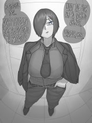 Rule 34 | 1girl, belt, breasts, commission, dress shirt, ekz (robotekz), english text, formal, greyscale, hair over one eye, hand in pocket, heart, heart-shaped pupils, highres, large breasts, monochrome, necktie, open mouth, original, shirt, shoes, solo, suit, symbol-shaped pupils, tile floor, tiles, unbuttoned