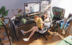 Rule 34 | 1girl, :d, bare legs, black shirt, computer, crossed legs, cup, green eyes, hair ornament, hairclip, headphones, headphones removed, highres, holding, holding stuffed toy, jacket, keyboard (computer), kooka2, long hair, long sleeves, looking at viewer, minecraft sword, monitor, mug, open clothes, open jacket, open mouth, plant, potted plant, shirt, sitting, slippers, smile, solo, strap slip, stuffed animal, stuffed toy, viichan, virtual youtuber, waktaverse, white hair, white jacket, wooden floor