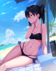 Rule 34 | 1girl, arm support, bare arms, bare shoulders, beach, bikini, black bikini, black hair, blue hair, blue sky, blurry, blurry background, blurry foreground, breasts, cleavage, closed mouth, cloud, cloudy sky, commentary request, day, depth of field, energy drink, ginopi, groin, hair between eyes, hair ornament, highleg, highleg bikini, highres, horizon, layered bikini, long hair, looking away, medium breasts, monster energy, multicolored hair, navel, ocean, original, outdoors, palm tree, red eyes, sand, skindentation, sky, solo, streaked hair, swimsuit, tree, twintails, v-shaped eyebrows, water