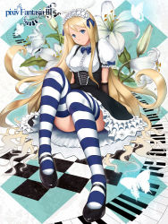 Rule 34 | 1girl, bad id, bad pixiv id, blonde hair, blue eyes, breasts, bug, butterfly, checkered floor, floor, flower, foreshortening, gigandal federation, hair spread out, head tilt, insect, instrument, keyboard (instrument), kuro (pixiv122395), lace, large breasts, lily (flower), long hair, looking at viewer, perspective, pixiv fantasia, pixiv fantasia 3, puffy sleeves, shoes, sitting, skirt, solo, striped clothes, striped thighhighs, thighhighs, very long hair, xxkuroxx