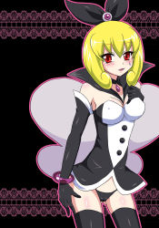 Rule 34 | 10s, 1girl, bad id, bad pixiv id, black background, black gloves, black panties, black thighhighs, blonde hair, blush, bracelet, breasts, choker, covered erect nipples, ebony-thunder, elbow gloves, gloves, happinesscharge precure!, jewelry, medium breasts, panties, popped collar, precure, queen mirage, red eyes, short hair, smile, solo, standing, thighhighs, underwear