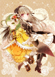 Rule 34 | 2girls, back-to-back, boots, bow, dress, drill hair, flower, frills, gothic lolita, green eyes, green hair, hair ornament, hairband, holding hands, heart, high heels, highres, kanaria, lolita fashion, long hair, long sleeves, mary janes, moru, multiple girls, pantyhose, puffy sleeves, red eyes, rose, rozen maiden, shoes, silver hair, smile, suigintou, white legwear, wide sleeves, wings