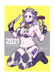 Rule 34 | 1girl, 2021, animal costume, animal ears, animal print, bell, bikini, breasts, chinese zodiac, collar, cow, cow costume, cow ears, cow girl, cow horns, cow print, cow tail, dorohedoro, food, fork, hair between eyes, happy new year, highres, horns, long hair, looking at viewer, muscular, muscular female, navel, neck bell, new year, noi (dorohedoro), print bikini, sako (namocake), simple background, solo, swimsuit, tail, thighhighs, white hair, year of the ox