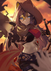 Rule 34 | 1girl, absurdres, animal ears, black gloves, black pants, blonde hair, blue eyes, blurry, blurry foreground, breasts, brown cape, brown hair, cape, criss-cross halter, dehya (genshin impact), genshin impact, gloves, hair between eyes, halterneck, highres, holding, holding sword, holding weapon, hood, hood up, large breasts, looking at viewer, medium breasts, midriff, multicolored hair, navel, pants, parted lips, reaching, reaching towards viewer, smile, solo focus, stomach, suzu (user kdex8732), sword, torn clothes, torn pants, two-tone hair, underboob, weapon