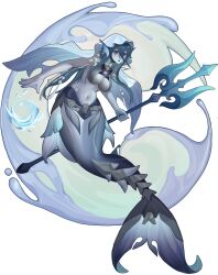 Rule 34 | 1girl, absurdres, blue hair, breasts, colored skin, commentary request, fins, full body, grey skin, hair between eyes, head fins, highres, holding trident, kneeless mermaid, large breasts, long hair, looking at viewer, mermaid, monster girl, navel, original, polearm, purple eyes, solo, trident, water, weapon, webbed hands, xiaomu (a414171448)
