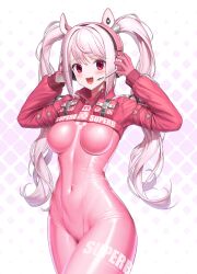 Rule 34 | 1girl, :d, absurdres, alice (nikke), animal ears, bodysuit, breasts, covered navel, gloves, goddess of victory: nikke, hands up, headphones, headset, highres, looking at viewer, medium breasts, neowise, open mouth, patterned background, pink bodysuit, pink gloves, pink hair, red eyes, shrug (clothing), skin tight, smile, solo, thighs, twintails, wavy hair