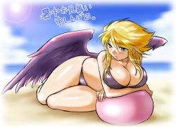 Rule 34 | 1girl, angel wings, ball, beach, beachball, bikini, black wings, blonde hair, breast hold, breasts, breath of fire, breath of fire ii, cleavage, crossed arms, curvy, day, dr.p, huge breasts, legs, nina (breath of fire ii), shochuumimai, solo, swimsuit, thighs, translated, wide hips, wings