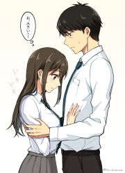 Rule 34 | 1boy, 1girl, black hair, black pants, blouse, blush, brown hair, earrings, formal, green necktie, grey skirt, hand on another&#039;s chest, hetero, highres, holding another&#039;s arm, idolmaster, idolmaster cinderella girls, jewelry, long hair, looking at another, looking away, looking down, necktie, pants, pleated skirt, producer (idolmaster), producer (idolmaster cinderella girls anime), profile, school uniform, setu kurokawa, shibuya rin, shirt, simple background, skirt, smile lines, strapless, stud earrings, sweat, thought bubble, upper body, white background, white shirt