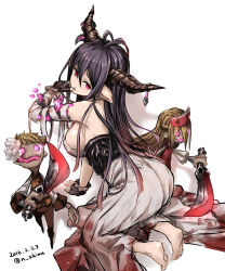 Rule 34 | 10s, 1girl, all fours, bandaged arm, bare shoulders, black hair, breasts, danua, draph, fingerless gloves, gloves, granblue fantasy, highres, horns, kneeling, knife, large breasts, long hair, looking at viewer, looking back, nabeshima tetsuhiro, red eyes, sideboob, solo, thumb sucking