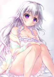 Rule 34 | 1girl, 9-nine-, :3, bare legs, bare shoulders, blush, breasts, camisole, cardigan, cleavage, closed mouth, collarbone, commentary, convenient leg, double-parted bangs, eyelashes, eyes visible through hair, feet out of frame, frilled camisole, frills, grey hair, hair between eyes, hair down, halterneck, highres, knees together feet apart, large breasts, legs, long hair, looking at viewer, loungewear, maiyuki snow, niimi sora, off shoulder, open cardigan, open clothes, purple eyes, shiny skin, sidelocks, simple background, sitting, sleeves past wrists, smile, solo, striped clothes, striped sweater, sweater, thighs, very long hair, wavy hair, white background, white camisole