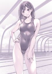 Rule 34 | 1girl, absurdres, breasts, collarbone, commentary request, competition swimsuit, covered navel, gluteal fold, hand on own hip, highleg, highleg swimsuit, highres, indoors, macosee, medium breasts, monochrome, one-piece swimsuit, original, pool, purple theme, short hair, smile, solo, standing, swimsuit