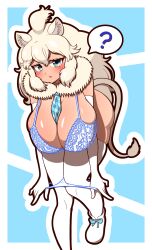 Rule 34 | 1girl, ?, animal ear fluff, animal ears, bent over, between breasts, bra, breasts, cleavage, commission, detached collar, elbow gloves, eyelashes, fur collar, gloves, green eyes, hair between eyes, hanging breasts, highres, huge breasts, kemono friends, lion ears, lion girl, lion tail, long hair, looking at viewer, necktie, necktie between breasts, panties, panty pull, parted lips, pixiv commission, pulling own clothes, samuraisouru1954, shoes, skindentation, solo, spoken question mark, standing, standing on one leg, tail, thighhighs, underwear, undressing, very long hair, white gloves, white hair, white lion (kemono friends), white thighhighs