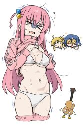Rule 34 | &gt; &lt;, 3girls, bad id, bad twitter id, blonde hair, blue hair, bocchi the rock!, bra, breasts, closed eyes, clothes lift, coin, cube hair ornament, double ok sign, gloom (expression), gold coin, gotoh hitori, guitar, hair ornament, hands up, highres, hip bones, instrument, jacket, jacket lift, lifting own clothes, long hair, long sleeves, medium breasts, mole, mole under eye, multiple girls, navel, ok sign, open mouth, panties, pants, pants partially removed, pink hair, pink jacket, pink pants, shisoneri, side ahoge, sidelocks, sparkle, stomach, sweat, thighs, track jacket, trembling, underwear, wavy mouth, white bra, white panties