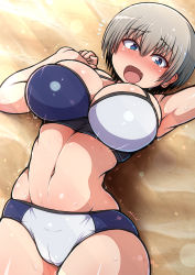 Rule 34 | 1girl, arm up, bikini, black hair, blush, breasts, cameltoe, cleavage, fang, flying sweatdrops, grey hair, hair between eyes, hand up, highres, large breasts, looking at viewer, lying, multicolored bikini, multicolored clothes, multicolored hair, navel, on back, open mouth, ponponmaru, short hair, solo, swimsuit, tears, thighs, trembling, two-tone hair, uzaki-chan wa asobitai!, uzaki hana