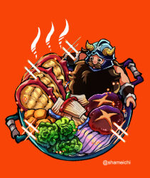 Rule 34 | 1boy, :p, beard, cabbage, dungeon meshi, dwarf, facial hair, fake horns, from above, helmet, horned helmet, horns, in bowl, in container, long beard, male focus, mushroom, mustache, potato, senshi (dungeon meshi), shameichi, sitting, solo, sparkling aura, thick mustache, tongue, tongue out, very long beard, wok