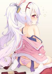 Rule 34 | 1girl, animal ears, artist request, azur lane, blush, bottle, butt crack, drowsy, fake animal ears, hair ornament, headband, highres, jacket, laffey (azur lane), light purple hair, long hair, looking at viewer, looking back, panties, red eyes, seiza, simple background, sitting, sleepy, socks, solo, striped clothes, striped panties, twintails, underwear, white background, wine bottle