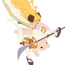 Rule 34 | 1girl, 5ciss0rs, ahoge, anila (granblue fantasy), arm support, bent over, blonde hair, blunt bangs, breasts, cape, cleavage, curled horns, dorsiflexion, dot nose, draph, flat color, floating hair, from above, from side, full body, fur trim, gloves, granblue fantasy, highres, hikimayu, holding, holding polearm, holding weapon, horns, huge ahoge, large breasts, long hair, looking ahead, naginata, okobo, open mouth, outstretched arm, outstretched legs, pointing, polearm, riding, riding animal, sandals, sheep, sheep horns, short eyebrows, sidelocks, simple background, solo, spread legs, teeth, thighhighs, thighs, very long hair, weapon, white cape, white gloves, yellow eyes, zettai ryouiki