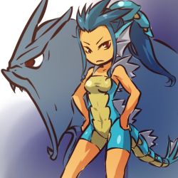 Rule 34 | 1990s (style), 1girl, blue hair, brown eyes, creatures (company), fins, fish tail, game freak, gen 1 pokemon, gyarados, hands on own hips, hip focus, hitec, moemon, nintendo, open mouth, personification, pokemon, pokemon (creature), pokemon rgby, ponytail, retro artstyle, skin tight, tail