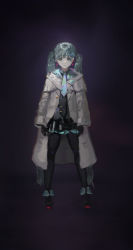 Rule 34 | 1girl, aqua necktie, beige coat, black coat, black footwear, black gloves, black thighhighs, closed mouth, coat, earrings, eyelashes, gloves, gradient clothes, green eyes, green hair, hatsune miku, highres, jewelry, long eyelashes, long hair, looking at viewer, necktie, open clothes, open coat, skirt, solo, standing, thighhighs, twintails, vocaloid, wolflower