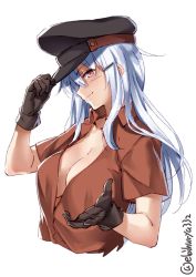 Rule 34 | 1girl, blush, breasts, brown gloves, closed mouth, ebifurya, facial scar, flat cap, gangut (kancolle), gloves, grey hair, hair between eyes, hat, highres, kantai collection, large breasts, long hair, military hat, no bra, peaked cap, red eyes, red shirt, scar, scar on cheek, scar on face, shirt, short sleeves, simple background, solo, white background