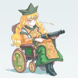 Rule 34 | 1girl, black footwear, blonde hair, boots, chinese clothes, cross-laced footwear, double barrels, expressionless, green hat, grey background, gun, hair between eyes, hat, highres, holding, holding gun, holding weapon, lace-up boots, long hair, matara okina, profitshame, shotgun, sitting, solo, tabard, touhou, v-shaped eyebrows, very long hair, weapon, wheat, wheelchair, wide sleeves, yellow eyes