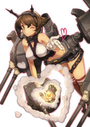 Rule 34 | 10s, 1girl, ;&lt;, absurdres, bare shoulders, blowing kiss, breasts, brown hair, cannon, gloves, green eyes, headgear, heart, highres, kantai collection, large breasts, leaning forward, looking at viewer, mecha musume, midriff, miniskirt, mutsu (kancolle), navel, one eye closed, over-kneehighs, personification, pleated skirt, red thighhighs, scan, shizuma yoshinori, short hair, skirt, solo, thighhighs, turret, white gloves, wink