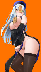 Rule 34 | 1girl, absurdres, bandaid, bandaid on pussy, bare shoulders, black dress, blue hair, blue hat, blunt bangs, blush, breasts, breasts out, brown thighhighs, closed mouth, detached sleeves, dress, facial mark, girls&#039; frontline, green eyes, hat, highres, hk416 (girls&#039; frontline), large breasts, long hair, long sleeves, looking at viewer, no panties, ofuda, ofuda on nipples, orange background, pasties, pelvic curtain, ringobatake, simple background, smile, solo, standing, thighhighs, upskirt, wide sleeves