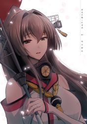 Rule 34 | 1girl, bare shoulders, breasts, brown eyes, brown hair, cherry blossoms, choker, detached sleeves, faker ktd, flower, hair flower, hair ornament, half-closed eyes, headgear, highres, holding, holding umbrella, jewelry, kantai collection, large breasts, long hair, looking at viewer, machinery, open mouth, petals, ponytail, rigging, ring, simple background, smile, solo, umbrella, upper body, very long hair, wedding band, white background, yamato (kancolle)