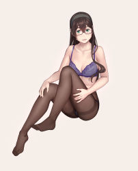 Rule 34 | 1girl, alternate costume, ass, bare arms, bare shoulders, black hair, blush, bra, breasts, collarbone, commentary request, feet, full body, glasses, green eyes, hairband, highres, kantai collection, lips, long hair, looking at viewer, no shirt, no shoes, ooyodo (kancolle), panties, panties under pantyhose, pantyhose, purple bra, purple panties, semi-rimless eyewear, simple background, small breasts, smile, solo, thighband pantyhose, under-rim eyewear, underwear, yuuji (and)