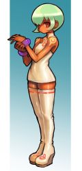 Rule 34 | 1girl, bare arms, bare shoulders, boots, bracelet, breasts, capcom, dakusuta, dark-skinned female, dark skin, full body, gradient background, green hair, highres, jewelry, mega man (series), mega man legends (series), red eyes, sera (mega man), short hair, sidelocks, small breasts, solo, standing, thigh boots, thighhighs, white footwear, white thighhighs, zettai ryouiki
