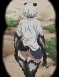 Rule 34 | 10s, 1girl, absurdres, animal ears, ass, back, female focus, highres, killing bites, shirt, short hair, solo, standing, stitched, tail, third-party edit, uzaki hitomi, white hair, white shirt