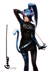 Rule 34 | 1girl, animal ears, animal hands, asymmetrical clothes, asymmetrical legwear, belt, blue eyes, blue hair, cat ears, cat tail, claws, collar, dated, earrings, felicia (vampire), fingerless gloves, gloves, hair ornament, hair over one eye, highres, jewelry, leash, leash pull, md5 mismatch, mismatched legwear, necklace, omar dogan, pantyhose, ponytail, resolution mismatch, signature, smile, solo, source larger, striped clothes, striped pantyhose, tail, vampire (game)