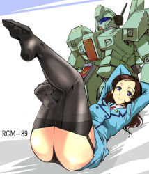 Rule 34 | 1girl, black panties, black thighhighs, blue eyes, blue jacket, blue skirt, brown hair, buttons, char&#039;s counterattack, closed mouth, commentary request, double-breasted, extra, garter straps, gundam, jacket, jegan, kamisimo 90, kneepits, legs, legs up, long sleeves, lying, mecha, necktie, on back, panties, red neckwear, robot, shirt, simple background, skirt, smile, thighhighs, thighs, underwear, uniform, weapon, white shirt