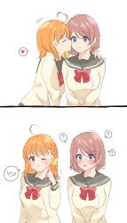 Rule 34 | 2girls, 2koma, ?, ahoge, arm around shoulder, bad id, bad twitter id, blue eyes, bow, bowtie, braid, brown hair, kissing cheek, comic, commentary request, english text, closed eyes, finger to cheek, frown, hair bow, hand on another&#039;s shoulder, heart, heart ahoge, highres, kiss, long sleeves, love live!, love live! sunshine!!, minori 748, multiple girls, notice lines, open mouth, orange hair, pointing, pointing at self, red eyes, red neckwear, school uniform, serafuku, short hair, side braid, smile, spoken heart, spoken question mark, takami chika, upper body, uranohoshi school uniform, watanabe you, yellow bow, yuri