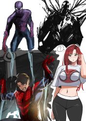 absurdres breasts brown_hair concrete crop_top green_eyes highres injury marvel mary_jane_watson mugi_(mugit49) muscular peter_parker red_hair spider-man_(series) symbiote venom_(marvel) water