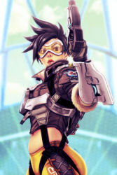 Rule 34 | 1girl, cropped jacket, eddie holly, goggles, gun, handgun, looking at viewer, midriff, navel, overwatch, overwatch 1, parted lips, solo, spiked hair, tracer (overwatch), weapon