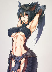 Rule 34 | 1girl, abs, armpits, arms behind head, arms up, black hair, black panties, breasts, commentary request, cowboy shot, grey background, long hair, looking at viewer, midriff, monster hunter (series), nandz, nargacuga (armor), navel, panties, parted lips, ponytail, red eyes, solo, underboob, underwear