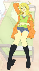 Rule 34 | 1girl, ahoge, arm up, black socks, blonde hair, breasts, cardigan, couch, feet, female focus, full body, green eyes, green shirt, green upholstery, highres, hoshii miki, idolmaster, idolmaster (classic), jewelry, kneehighs, long hair, looking at viewer, lying, necklace, no shoes, noragami sota, on back, one eye closed, open cardigan, open clothes, open mouth, shirt, shorts, smile, socks, soles, solo, toes, wink