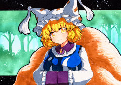 Rule 34 | 1girl, animal hat, bad id, bad pixiv id, blonde hair, blue tabard, breasts, brooch, closed mouth, forest, fox tail, green background, hands in opposite sleeves, hat, jewelry, long sleeves, looking at viewer, medium breasts, mob cap, multiple tails, nature, outdoors, qqqrinkappp, short hair, smile, solo, tabard, tail, tassel, touhou, traditional media, tree, upper body, white hat, yakumo ran, yellow eyes