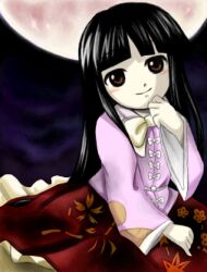 Rule 34 | 1girl, black hair, bow, bowtie, brown eyes, closed mouth, commentary request, full moon, hand up, houraisan kaguya, long hair, long sleeves, looking at viewer, lowres, medinki, moon, official style, parted bangs, pink shirt, red skirt, shirt, skirt, smile, solo, straight hair, touhou, white bow, white bowtie, wide sleeves, zun (style)
