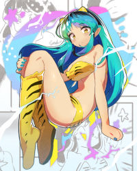 Rule 34 | 1girl, animal print, bikini, blue hair, blue nails, boots, clenched hand, cone horns, electricity, electrokinesis, floating, from side, highres, horns, knee boots, knees up, long hair, looking at viewer, lum, midair, nail polish, oni, pointy ears, print footwear, solo, strapless, strapless bikini, swimsuit, tatedano kabae, tiger print, urusei yatsura, yellow bikini, yellow eyes