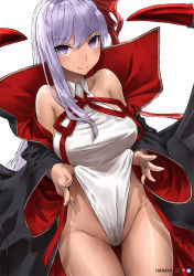 Rule 34 | 1girl, bare shoulders, bat wings, bb (fate), bb (fate) (all), bb (swimsuit mooncancer) (fate), bb (swimsuit mooncancer) (third ascension) (fate), black coat, blush, breasts, closed mouth, coat, dark-skinned female, dark skin, fate/grand order, fate (series), frontal wedgie, hair ribbon, haraya manawari, highleg, highleg leotard, large breasts, leotard, leotard pull, long hair, long sleeves, looking at viewer, neck ribbon, off shoulder, open clothes, open coat, popped collar, purple eyes, purple hair, red ribbon, ribbon, simple background, smile, solo, tan, thighs, vampire costume, very long hair, wedgie, white background, white leotard, wide sleeves, wings