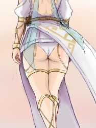 Rule 34 | 1girl, ancient greek clothes, arms at sides, ass, backless outfit, bracelet, chiton, close-up, clothes lift, dress, from behind, gradient background, head out of frame, jewelry, legs, lower body, melon-kun, mercy (overwatch), miniskirt, official alternate costume, overwatch, overwatch 1, panties, pelvic curtain, pelvic curtain lift, pink background, pleated skirt, puffy short sleeves, puffy sleeves, see-through, short sleeves, shoulder blades, sketch, skirt, solo, standing, thighs, toga, underwear, white dress, white panties, winged victory mercy