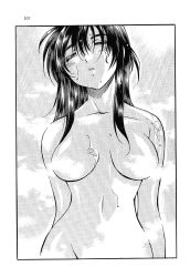 Rule 34 | 1girl, bath, breasts, closed eyes, greyscale, highres, inoue sora, long hair, mitsurugi ryouko, monochrome, nude, official art, real bout high school, scan, showering, solo, steam, wet