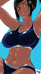 Rule 34 | abs, armpits, arms up, black hair, commentary request, dark-skinned female, dark skin, feng (howard8580), highres, overwatch, overwatch 1, pharah (overwatch), shorts, solo, sports bra, sweat