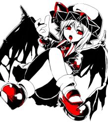 Rule 34 | &gt;:o, 1girl, :o, alternate wings, ascot, bad id, bad twitter id, black wings, blood, blood in mouth, blood on face, bobby socks, bow, brooch, collared shirt, convenient leg, crossed legs, demon wings, facing viewer, fang, frilled skirt, frilled sleeves, frills, from below, hair between eyes, hat, hat ribbon, jewelry, legs, looking away, looking down, looking to the side, mary janes, miniskirt, mob cap, open mouth, puffy short sleeves, puffy sleeves, red bow, red eyes, red footwear, red ribbon, remilia scarlet, ribbon, ringed eyes, shiori (moechin), shirt, shoes, short hair, short sleeves, simple background, sitting, skirt, skirt set, socks, solo, spikes, spot color, straight hair, teeth, tongue, torn wings, touhou, uneven eyes, v-shaped eyebrows, vampire, white background, wings, wristband