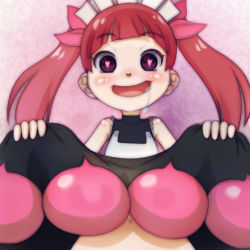 Rule 34 | 1girl, bare shoulders, blush, clothes lift, dress, dress lift, drooling, heart, heart-shaped pupils, kemurikusa, lifting own clothes, long hair, looking at viewer, navel, open mouth, out-of-frame censoring, red eyes, red hair, rina (kemurikusa), saliva, skirt, skirt lift, solo, symbol-shaped pupils, t jiroo (ringofriend), twintails