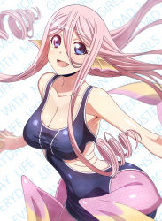 Rule 34 | 10s, 1girl, blue eyes, breasts, cleavage, drill hair, fins, gills, head fins, highres, long hair, looking at viewer, medium breasts, mermaid, meroune lorelei, misopetha-menos, monster girl, monster musume no iru nichijou, one-piece swimsuit, open mouth, pink hair, smile, solo, swimsuit, twin drills, webbed hands